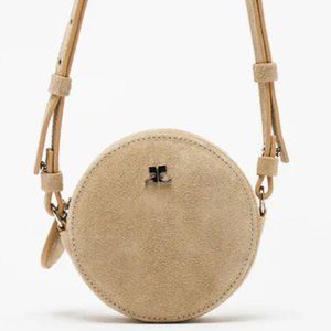 Courreges Paris 'Suede Logo Mirror Circle' Crossbody Shoulder Bag Gravel **NWT**